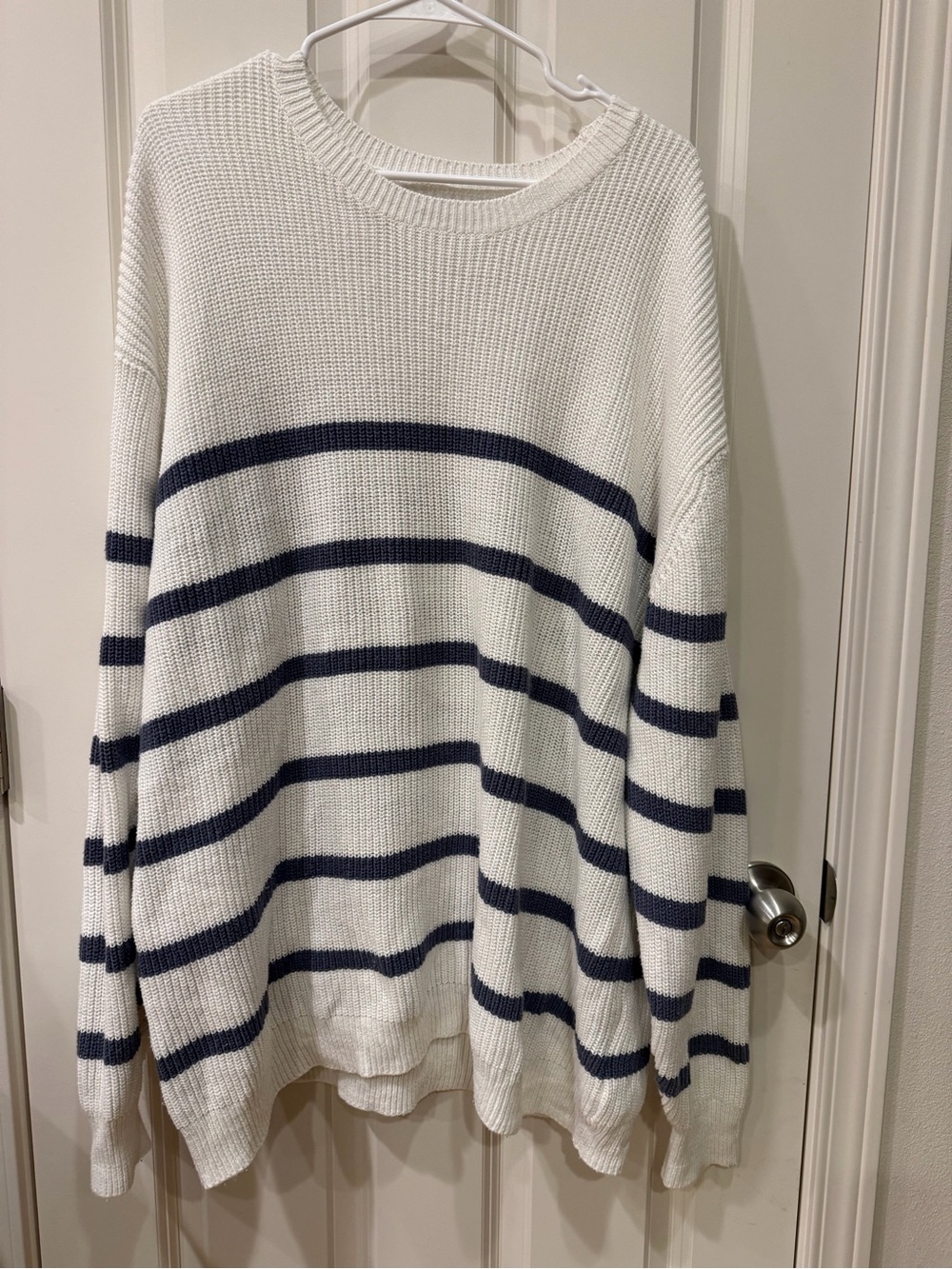 Hollister Cream Crewneck Sweater with Navy Stripes - Picture 2 of 3